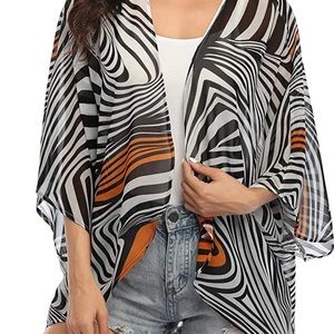 Women's 3/4 Sleeve Floral Kimono Cardigan, Sheer Loose Shawl Capes, Chiffon